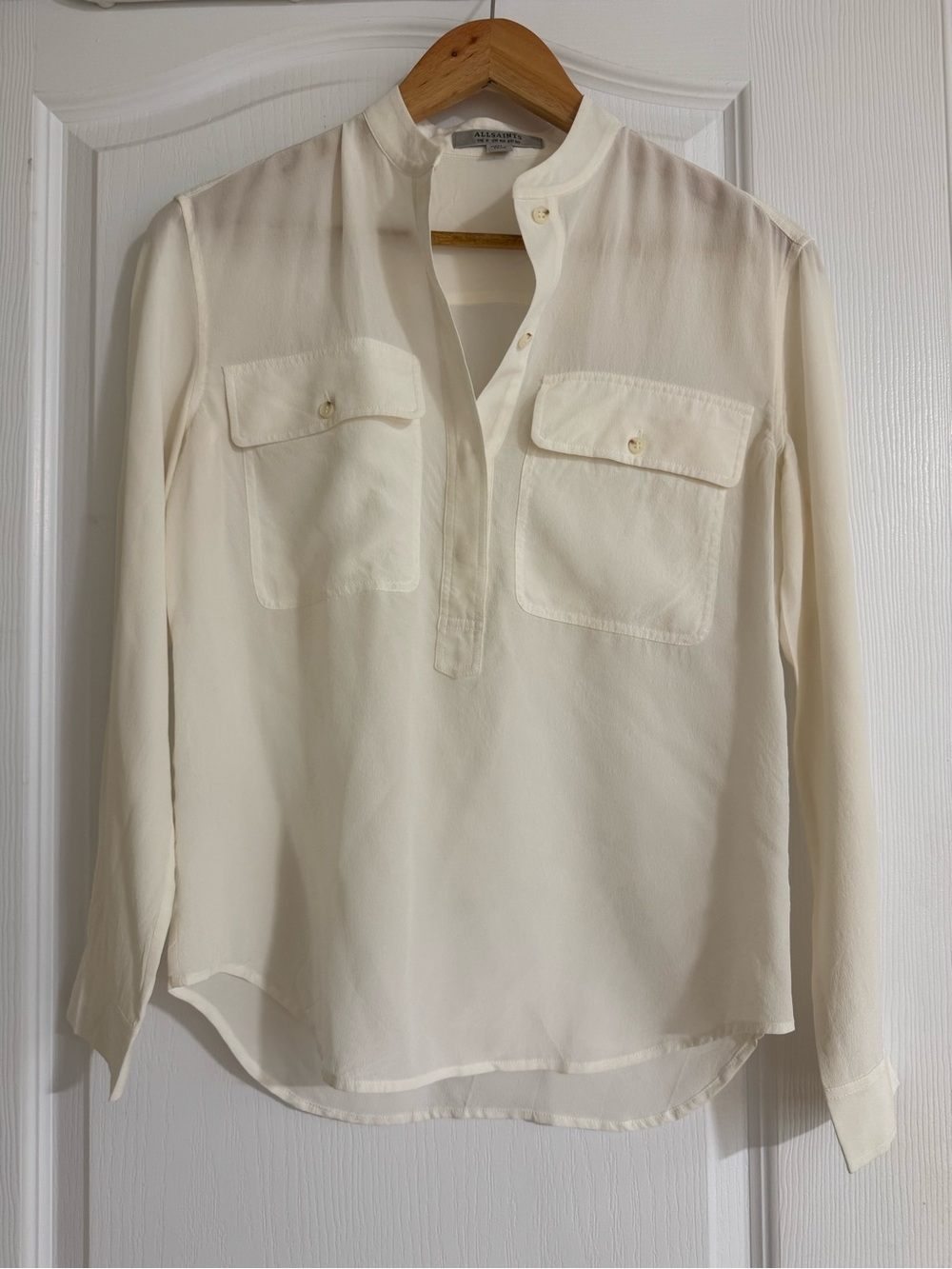 ALLSAINTS Cream Button-Pocket Split Neck Blouse